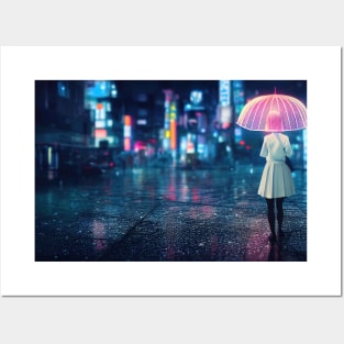 Girl walks at Asian city, Girl walks at cyberpunk city ,Girl walks at rain in city Posters and Art